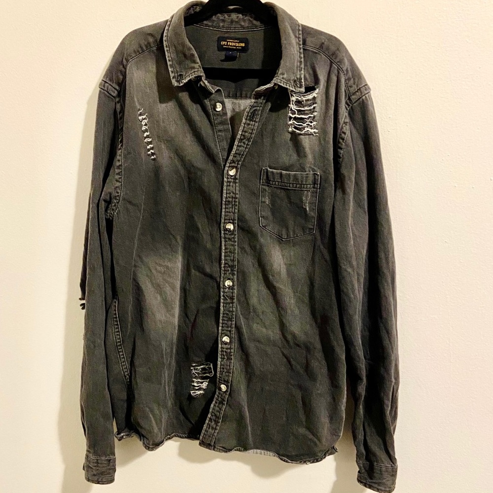 CPO provisions gray denim destroyed shirt EUC